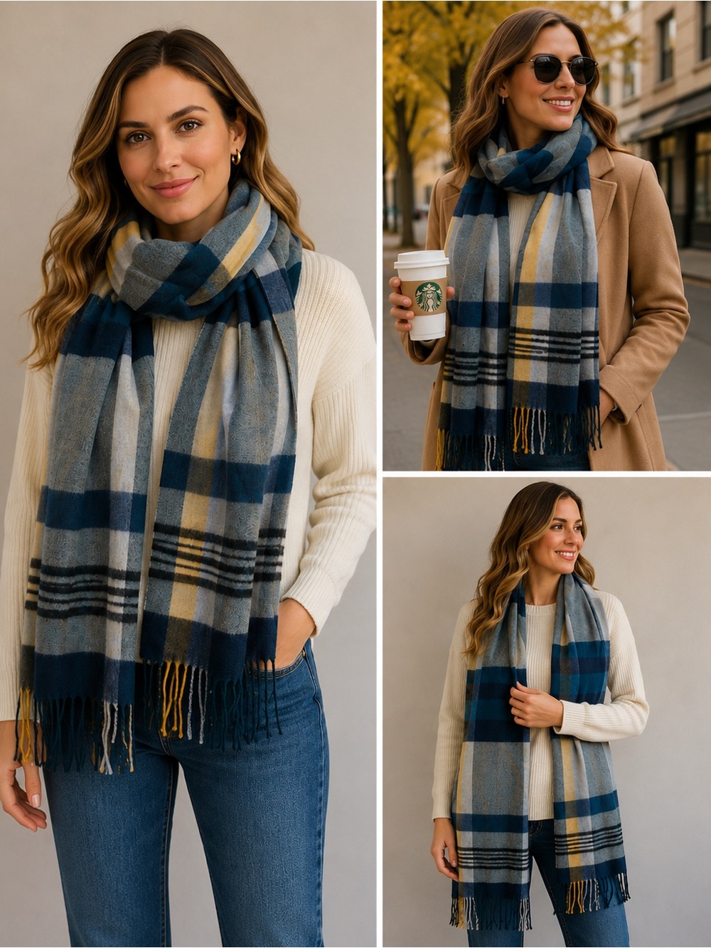 Etereo blue yellow plaid check warm fall winter soft scarf 💥